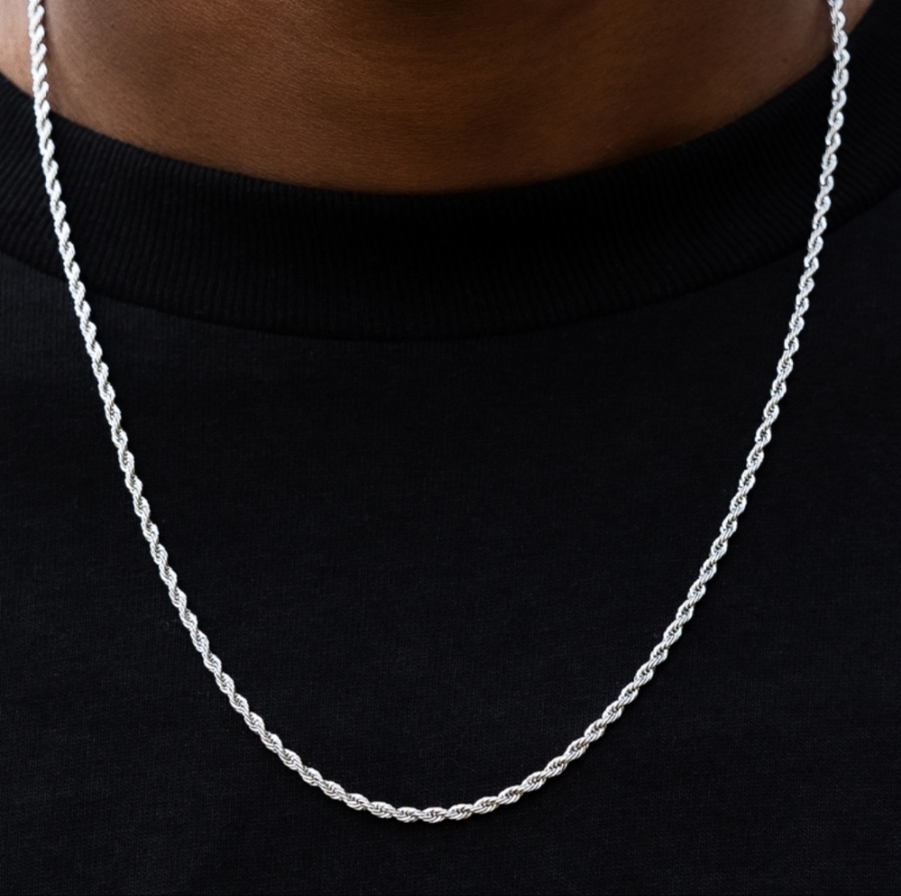 - 14k White Gold Plated over Stainless Steel-  Men's 26 inch rope chain